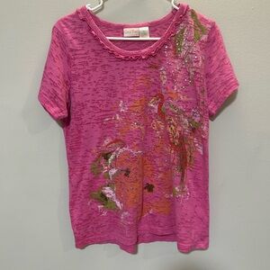 Y2K Pink Burnout Floral Rhinestone Top Women Size M Fairy Grunge Boho 0241 B2